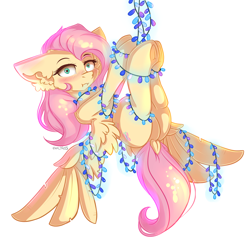 Size: 2592x2516 | Tagged: safe, artist:yuris, imported from derpibooru, fluttershy, pegasus, pony, blushing, bondage, christmas, dock, ears back, embarrassed, featureless crotch, female, frog (hoof), garland, holiday, simple background, solo, spread wings, tail, underhoof, upside down, white background, wings