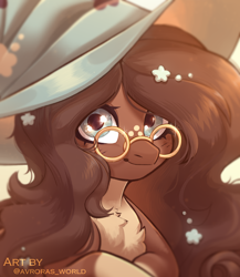 Size: 2300x2650 | Tagged: safe, artist:avroras_world, imported from derpibooru, oc, oc only, earth pony, pony, commission, female, flower, flower in hair, glasses, hat, icon, long hair, long mane, looking at you, mare, smiling, smiling at you, solo, witch hat