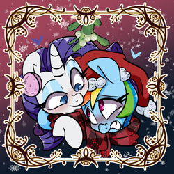 Size: 2200x2200 | Tagged: safe, artist:lou, imported from derpibooru, rainbow dash, rarity, blushing, bust, christmas, clothes, earmuffs, female, grin, hat, holiday, lesbian, looking at each other, looking at someone, mare, mistletoe, raridash, santa hat, scarf, shipping, smiling, smiling at each other