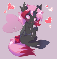 Size: 1400x1443 | Tagged: safe, artist:horseyuris, imported from derpibooru, oc, oc only, oc:heartstring fiddler, changeling, adorable face, bow, changeling oc, cute, hair bow, heart, heart wings, pink changeling, solo