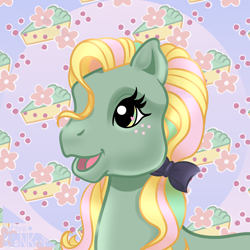 Size: 2000x2000 | Tagged: safe, artist:katarablankart, imported from derpibooru, oc, oc only, oc:cheeseberry bloom, earth pony, pony, bow, earth pony oc, freckles, g3, hair bow, ribbon, solo