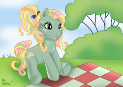 Size: 5787x4092 | Tagged: safe, artist:katarablankart, imported from derpibooru, oc, oc only, oc:cheeseberry bloom, earth pony, pony, bow, bush, freckles, g3, grass, hair bow, picnic blanket, ribbon, sitting, solo