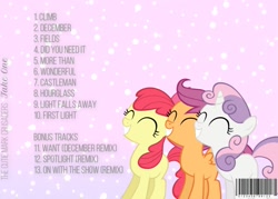 Size: 1507x1080 | Tagged: safe, alternate version, edit, imported from derpibooru, apple bloom, scootaloo, sweetie belle, earth pony, pegasus, pony, unicorn, ^^, adam lambert, album, album cover, cover, cute, cutealoo, cutie mark crusaders, eyes closed, female, grin, lip sync, smiling, teeth, trio