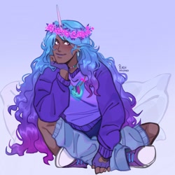 Size: 1440x1440 | Tagged: safe, artist:peachmichea, imported from derpibooru, izzy moonbow, human, clothes, converse, dark skin, female, flower, flower in hair, g5, horn, horned humanization, humanized, jewelry, leg warmers, shoes, sitting, solo, sweatshirt