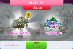 Size: 1264x856 | Tagged: safe, imported from derpibooru, yona's dad, yak, background character, background yak, bundle, bush, cloven hooves, costs real money, crystal, english, fire, gameloft, hair over eyes, horns, male, my little pony: magic princess, numbers, official, sale, solo, solo focus, tail, tail wrap, text, torch, unnamed character, unnamed yak