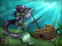 Size: 2000x1500 | Tagged: safe, artist:chvrchgrim, imported from derpibooru, oc, oc:nixie, kelpie, monster pony, pony, black sclera, detailed background, ear fins, female, fins, fish tail, looking up, mermaid tail, ocean, pirate ship, purple hair, sea monster, sharp teeth, shipwreck, solo, tail, teeth, underwater, water, wet, wet mane