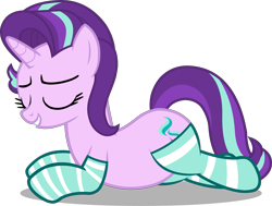 Size: 4537x3435 | Tagged: safe, artist:mrvector, derpibooru exclusive, imported from derpibooru, starlight glimmer, pony, unicorn, chubby, clothes, cute, eyes closed, female, glimmerbetes, high res, lying down, mare, simple background, smiling, socks, solo, striped socks, transparent background, vector