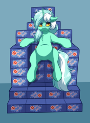 Size: 2616x3560 | Tagged: safe, artist:witchtaunter, imported from derpibooru, lyra heartstrings, pony, unicorn, belly, box, chest fluff, commission, ear fluff, female, floppy ears, food, l.u.l.s., looking at you, meme, oats, simple background, sitting, sitting lyra, soda, solo, that pony sure does love oats, throne