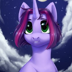 Size: 2000x2000 | Tagged: safe, artist:nika-rain, imported from derpibooru, oc, oc only, oc:twilight garrison, pony, unicorn, cloud, cute, female, moon, night, solo, stars