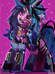 Size: 767x1024 | Tagged: safe, artist:turbinedivinity, imported from derpibooru, izzy moonbow, pony, unicorn, alternate hairstyle, belts, boots, choker, collar, ear piercing, earring, eyeshadow, face paint, g5, goth, goth izzy, harness, head tilt, jewelry, leather, lipstick, lock, looking offscreen, makeup, nose piercing, nose ring, padlock, piercing, punk, scene, shoes, spiked choker, tack