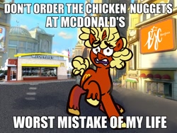 Size: 2000x1500 | Tagged: safe, artist:beejoco, imported from derpibooru, oc, oc only, oc:mcpony, pony, caption, city, image macro, impact font, male, mcdonald's, meme, solo, terrified, text