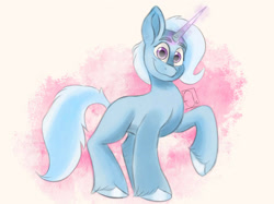 Size: 2732x2048 | Tagged: safe, artist:eledraws99, imported from derpibooru, trixie, pony, unicorn, female, glowing, glowing horn, horn, mare, missing cutie mark, raised hoof, smiling, solo, unshorn fetlocks