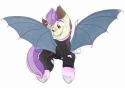 Size: 3314x2333 | Tagged: safe, artist:eledraws99, imported from derpibooru, oc, oc only, bat pony, pony, bat pony oc, clothes, flying, looking down, simple background, spread wings, white background, wings