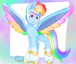 Size: 2424x2043 | Tagged: safe, artist:eledraws99, imported from derpibooru, rainbow dash, pegasus, pony, colored wings, female, g4, g4 to g5, g5, generation leap, mare, multicolored wings, rainbow wings, smiling, smirk, solo, spread wings, unshorn fetlocks, wings