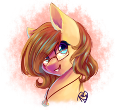 Size: 1156x1044 | Tagged: safe, artist:prettyshinegp, imported from derpibooru, oc, oc only, earth pony, pony, abstract background, bust, earth pony oc, glasses, jewelry, necklace, signature, smiling, solo