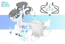 Size: 1280x863 | Tagged: safe, artist:elberas, imported from derpibooru, oc, oc only, original species, pony, blue eyes, butt, colored hooves, ear fluff, grin, hitodama, kitsune, kitsune pony, markings, multiple tails, plot, ponytail, smiling, solo, tail, unshorn fetlocks