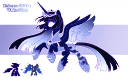 Size: 1280x819 | Tagged: safe, artist:elberas, imported from derpibooru, princess luna, tantabus, alicorn, pony, blank eyes, chestplate, circlet, concave belly, ethereal mane, flying, fusion, hime cut, hoof shoes, slim, starry mane, starry tail, starry wings, tail, white eyes, wings