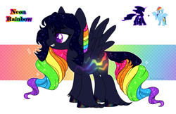 Size: 1280x828 | Tagged: safe, artist:elberas, imported from derpibooru, rainbow dash, tantabus, pegasus, pony, cute, cute little fangs, ethereal mane, fangs, fusion, grin, multicolored hair, rainbow hair, rearing, smiling, standing, starry mane, starry tail, tail, unshorn fetlocks