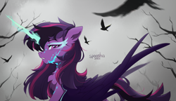 Size: 4628x2667 | Tagged: safe, artist:spoosha, imported from derpibooru, sci-twi, twilight sparkle, alicorn, bird, crow, pony, equestria girls, chest fluff, dead tree, ear fluff, equestria girls ponified, fog, folded wings, haze, midnight sparkle, mist, ponified, signature, solo, tree, wings