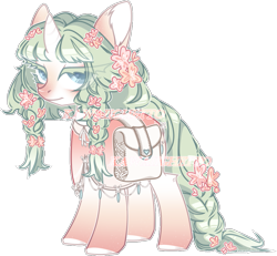 Size: 1009x932 | Tagged: safe, artist:kawaiighetto, imported from derpibooru, oc, oc only, pony, unicorn, bag, braid, braided tail, female, flower, flower in hair, horn, mare, saddle bag, simple background, solo, tail, transparent background, unicorn oc