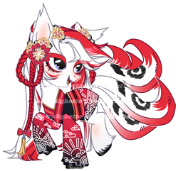 Size: 1158x1118 | Tagged: safe, artist:kawaiighetto, imported from derpibooru, oc, oc only, original species, pony, braid, clothes, female, flower, flower in hair, kimono (clothing), kitsune, kitsune pony, mare, obtrusive watermark, simple background, smiling, solo, transparent background, watermark