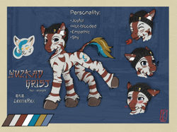 Size: 2561x1911 | Tagged: safe, artist:levinerex, imported from derpibooru, oc, oc only, zebra, beanie, ear fluff, hat, jewelry, necklace, ponysona, reference sheet, solo, triskelion, zebra oc