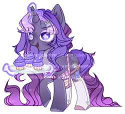 Size: 1132x1034 | Tagged: safe, artist:kawaiighetto, imported from derpibooru, oc, oc only, pony, unicorn, apron, clothes, cupcake, female, food, glowing, glowing horn, horn, magic, mare, obtrusive watermark, simple background, smiling, solo, telekinesis, transparent background, unicorn oc, watermark