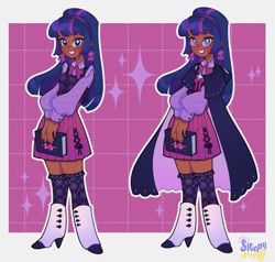 Size: 1231x1171 | Tagged: safe, artist:sleepingsuny, imported from derpibooru, twilight sparkle, human, book, boots, clothes, cutie mark, cutie mark accessory, cutie mark earrings, dark skin, ear piercing, earring, female, glasses, high heel boots, high heels, humanized, jewelry, piercing, shoes, skirt, solo, sparkles