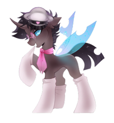 Size: 480x520 | Tagged: safe, artist:zlatavector, imported from derpibooru, oc, oc only, oc:rosie clockwork, changeling, pony, derpibooru community collaboration, 2023 community collab, changeling oc, clothes, commission, femboy, glasses, hat, male, scarf, seductive, simple background, socks, solo, transparent background