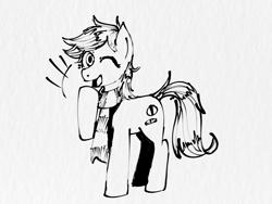 Size: 2048x1536 | Tagged: safe, imported from ponybooru, oc, oc:paracetamol, earth pony, female, laughing, mare, monochrome, standing