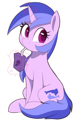 Size: 625x1000 | Tagged: safe, artist:thebatfang, sea swirl, seafoam, pony, unicorn, drinking, female, juice, juice box, levitation, magic, mare, simple background, sitting, solo, telekinesis, transparent background