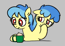 Size: 289x207 | Tagged: safe, artist:algoatall, oc, oc:eeny meeny, oc:miney moe, earth pony, pony, conjoined, cream, female, gray background, lowres, mug, multiple heads, siblings, simple background, sisters