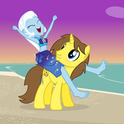 Size: 1920x1920 | Tagged: safe, artist:grapefruit-face, derpibooru exclusive, imported from derpibooru, trixie, oc, oc:grapefruit face, human, pony, unicorn, equestria girls, barefoot, beach, belly button, blushing, canon x oc, clothes, duo, feet, female, grapexie, horses doing horse things, humans riding ponies, looking at someone, male, outdoors, riding, riding a pony, sarong, shipping, straight, sunset, swimsuit
