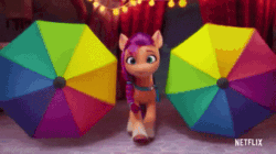 Size: 360x202 | Tagged: safe, edit, edited screencap, imported from derpibooru, screencap, pipp petals, sunny starscout, zipp storm, earth pony, pegasus, pony, spoiler:my little pony: a new generation, 3d, adorapipp, adorazipp, animated, bag, cute, dancing, female, fit right in (g5), g5, gif, happy, imgflip, lights, logo, looking at each other, looking at someone, mare, my little pony: a new generation, netflix, netflix logo, reversed, royal sisters (g5), siblings, singing, sisters, smiling, spinning, trio, umbrella