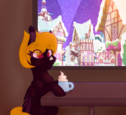 Size: 1664x1530 | Tagged: safe, artist:thatonefluffs, imported from derpibooru, oc, bat pony, pony, chocolate, commission, cute, food, hot chocolate, shading, sitting, sitting at table, snow, snowfall, solo, window