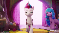 Size: 360x202 | Tagged: safe, edit, edited screencap, imported from derpibooru, screencap, izzy moonbow, zipp storm, pegasus, pony, unicorn, spoiler:my little pony: a new generation, 3d, animated, bracelet, cloak, clothes, curtains, cute, dancing, duo, fake horn, female, fit right in (g5), g5, gif, happy, headbob, imgflip, izzybetes, jewelry, logo, long hair, looking at you, mare, my little pony: a new generation, netflix, netflix logo, reversed, singing, smiling, smirk, smug, song, wobbling, yarn