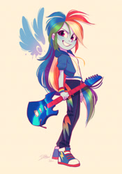 Size: 1341x1920 | Tagged: safe, artist:imalou, imported from derpibooru, rainbow dash, human, equestria girls, equestria girls series, commission, commissioner:ajnrules, converse, electric guitar, female, guitar, musical instrument, shoes, simple background, smiling, solo