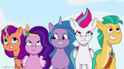 Size: 360x202 | Tagged: safe, edit, edited screencap, imported from derpibooru, screencap, hitch trailblazer, izzy moonbow, pipp petals, sunny starscout, zipp storm, earth pony, pegasus, pony, unicorn, spoiler:g5, spoiler:my little pony: tell your tale, spoiler:tyts01e17, animated, annoyed, door, female, g5, gif, grin, group, imgflip, jewelry, male, mane five (g5), mare, my little pony: tell your tale, nervous, nervous grin, pipp petals is not amused, queens for a day, reversed, royal sisters (g5), siblings, silly, sisters, smiling, stallion, tiara, unamused, zipp storm is not amused