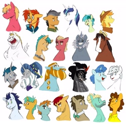Size: 4096x4029 | Tagged: safe, artist:chub-wub, imported from derpibooru, big macintosh, braeburn, bulk biceps, cheese sandwich, doctor whooves, double diamond, flash magnus, hitch trailblazer, king sombra, party favor, quibble pants, rockhoof, roid rage, sandbar, shining armor, snails, snips, soarin', sprout cloverleaf, star swirl the bearded, stygian, sunburst, time turner, trouble shoes, zephyr breeze, earth pony, pegasus, pony, unicorn, alphabittle blossomforth, beard, braid, bust, clothes, colt, cowboy hat, facial hair, foal, food, g5, glasses, grin, hat, lots of characters, male, necktie, shirt, simple background, smiling, stallion, white background, wizard hat
