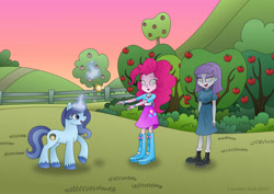 Size: 1063x752 | Tagged: safe, artist:lavenderrain24, imported from derpibooru, maud pie, pinkie pie, oc, oc:spiral swirl, human, unicorn, equestria girls, apple orchard, happy trance, hypnosis, hypnotist, hypnotized, orchard, pocket watch, sunset, swirly eyes, zombie pose