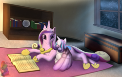 Size: 3425x2160 | Tagged: safe, artist:sufficientgravitas, imported from derpibooru, princess cadance, princess flurry heart, alicorn, pony, book, female, high res, hug, indoors, lying down, mama cadence, mother and child, mother and daughter, night, reading, relaxing, sitting, winghug, wings