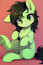 Size: 512x768 | Tagged: safe, imported from derpibooru, oc, oc only, oc:filly anon, earth pony, pony, ai content, ai generated, chest fluff, cute, female, filly, one ear down, solo, underhoof
