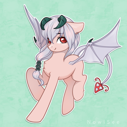 Size: 2500x2500 | Tagged: safe, artist:inowiseei, imported from derpibooru, oc, demon, demon pony, bat wings, female, green background, high res, mare, simple background, solo, wings