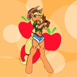 Size: 600x600 | Tagged: safe, artist:darknazawrath, imported from derpibooru, applejack, anthro, earth pony, unguligrade anthro, abstract background, clothes, female, gloves, hat, midriff, shorts, solo