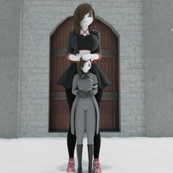Size: 1920x1920 | Tagged: safe, artist:ironsidianmemories, imported from derpibooru, oc, oc only, oc:bloody iron, oc:iron blood, anthro, 3d, blender, boots, converse, door, flag, shoes, shy, siblings, size difference, smiling, snow, twins, wall