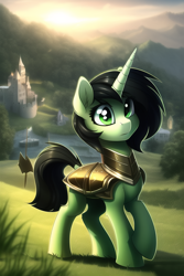Size: 512x768 | Tagged: safe, imported from derpibooru, oc, oc only, oc:filly anon, pony, unicorn, ai content, ai generated, armor, female, filly, foal, guardsmare, mare, royal guard, scenery, solo