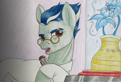 Size: 1660x1125 | Tagged: safe, artist:mintytreble, imported from derpibooru, oc, oc only, oc:crimroot, earth pony, pony, clothes, glasses, lab coat, poison joke, scar, science, scientist, solo