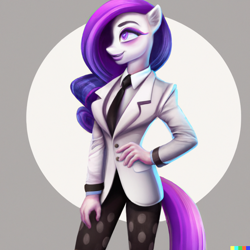 Size: 1024x1024 | Tagged: safe, editor:tenoki, imported from derpibooru, rarity, anthro, ai assisted, ai content, ai generated, clothes, generator:dall-e 2, hand on hip, hornless unicorn, makeup, missing horn, necktie, suit, wrong eye color