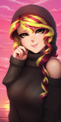 Size: 512x1024 | Tagged: safe, editor:sammykun, imported from derpibooru, sunset shimmer, human, ai content, ai generated, beanie, beautiful, breasts, bust, busty sunset shimmer, clothes, generator:novelai, generator:stable diffusion, hat, humanized, looking at you, portrait, smiling, smiling at you, sunset, sweater