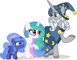 Size: 3029x2390 | Tagged: safe, artist:helenosprime, imported from derpibooru, princess celestia, princess luna, star swirl the bearded, alicorn, pony, unicorn, cewestia, elderly, female, filly, high res, male, s1 luna, simple background, stallion, teacher and student, transparent background, woona, young celestia, young luna, younger